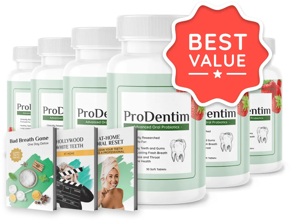 ProDentim 6-bottle 180-day best value pack with 2 free bonus eBooks