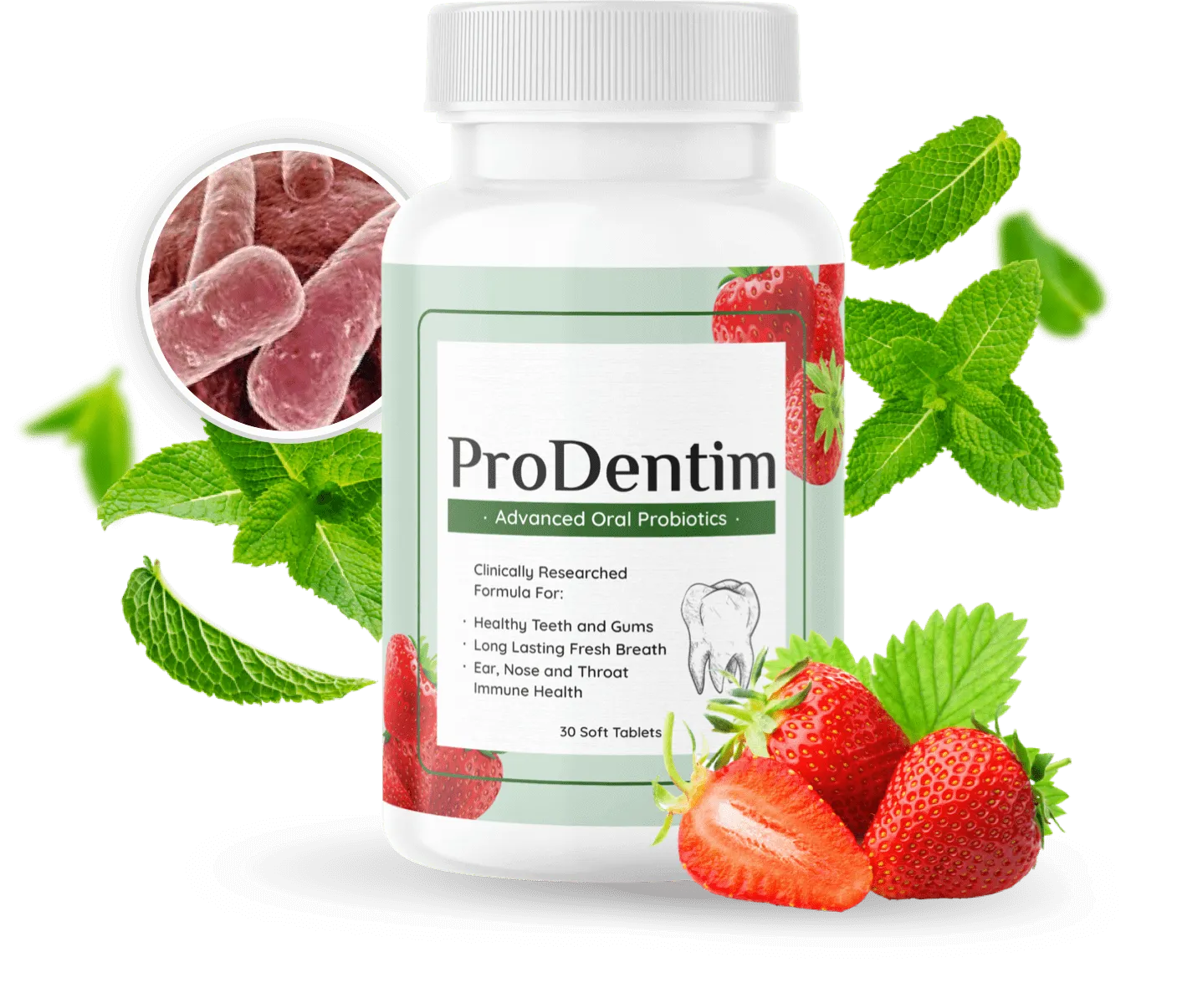 ProDentim oral probiotic supplement bottle &mdash; 3.5 billion CFU 5-strain chewable for gum health, fresh breath, and tooth enamel support